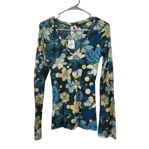 Women's Mesh Floral Bell Sleeves Fitted Y2K Artsy Top - L